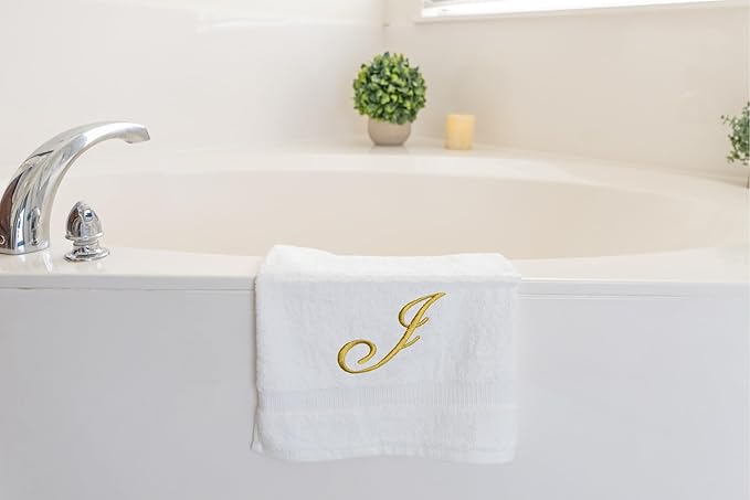 White Monogrammed Hand Towels for Bathroom - Luxury Hotel Quality Personalized Initial Embroidered Towel for Powder Room, Spa - GOTS Organic Certified - Set of 2 Gold Letter J