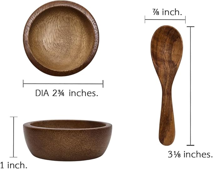 Set of 4 Small Round Acacia Wooden Bowls 2¾ Inch Diameter With Spoons - Stackable Mixing Bowl for Salad Soup Snack Salsa Dip Sauce Charcuterie Wood Tableware Sets for Decor and Serving