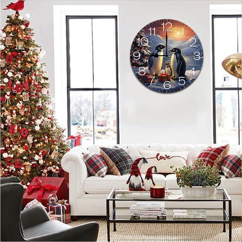 Christmas Tree and Penguins Wall Clock Large Silent Non-Ticking Battery Operated Modern Clocks for Living Room Decor/Bedroom/Office (12x12 in)