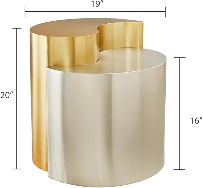 Modern Contemporary Luxury Ying-Yang 20" Height End Table Set, Sculptural Design with Aluminum Frame for Living Room, Entryway, Home & Office, Gold & Silver Dual Tone End Table
