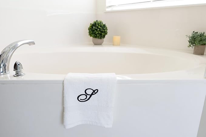 White Monogrammed Hand Towels for Bathroom - Luxury Hotel Quality Personalized Initial Embroidered Towel for Powder Room, Spa - GOTS Organic Certified - Pack of 2 Black, Letter S