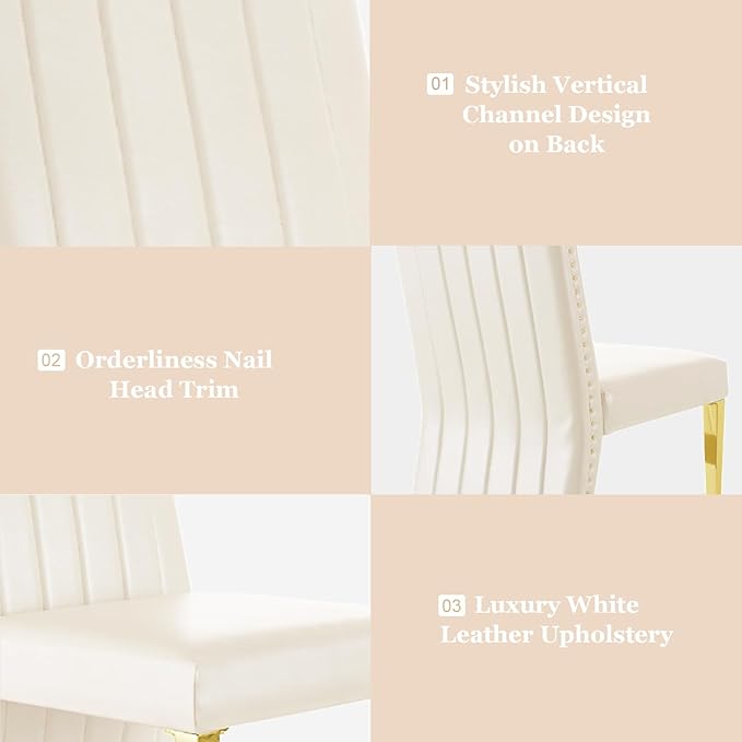 Dining Chairs, White Faux Leather Upholstered Dining Chair with Nailhead Trims, Gold Dining Room Chairs Set of 8