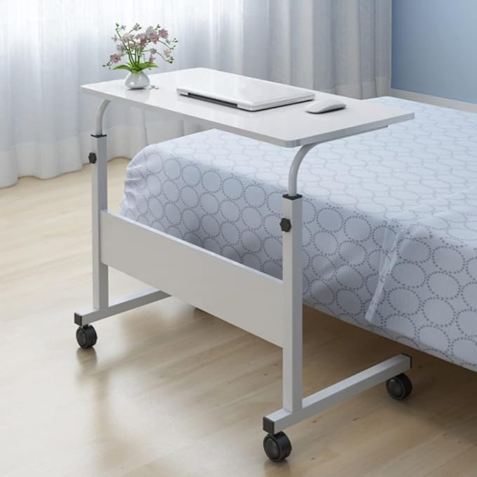 Goujxcy Sofa Side Table C Shaped End Table with Wheels, Rolling Bedside Laptop Table Snack Table TV Tray, Height Adjustable, Wooden Top & Metal Frame