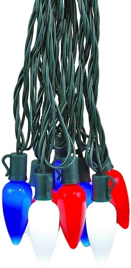 Novelty Lights 25 Feet 25 Light C9 Ceramic Style LED String Lights, Red/Pure White/Blue, Pre-Lamped Patriotic Lights on Green Wire, UL Listed Indoor/Outdoor, Connectable End-to-End