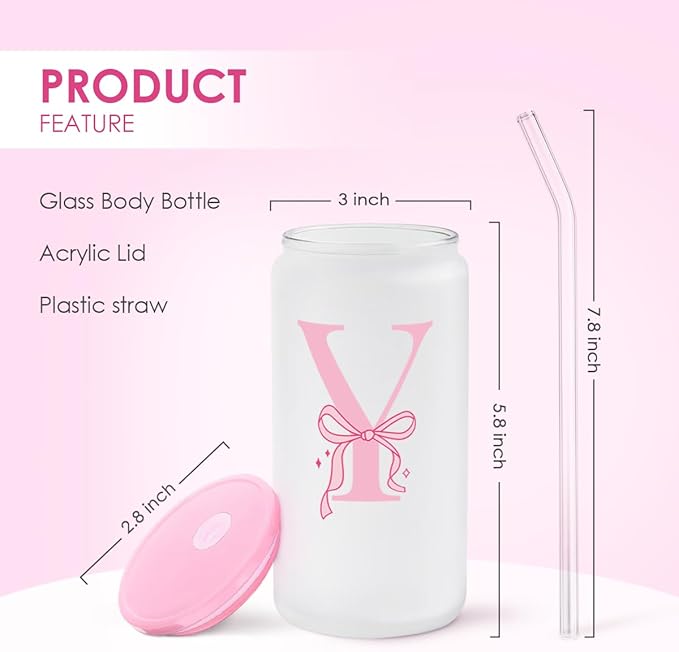 SANDJEST Monogrammed Glass Drinking Can Cup with Acrylic Lid and Straw, Personalized Frosted Iced Coffee Tumbler 16oz, Monogram Initial Gifts for Women Girls on Birthday (Y)