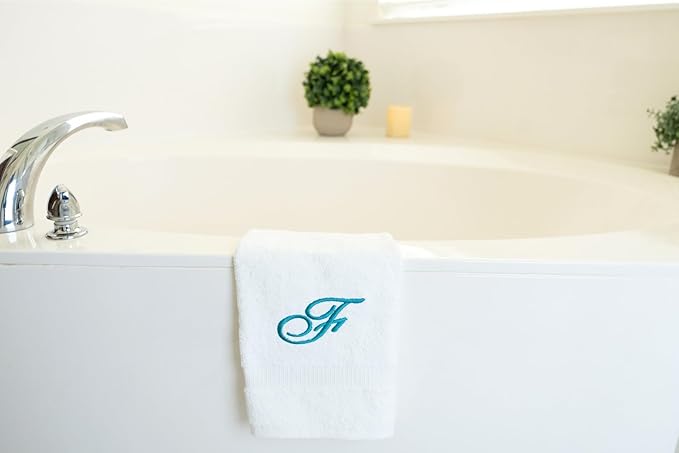 White Monogrammed Hand Towels for Bathroom - Luxury Hotel Quality Personalized Initial Embroidered Towel for Powder Room, Spa - GOTS Organic Certified - Pack of 2 Teal, Letter F