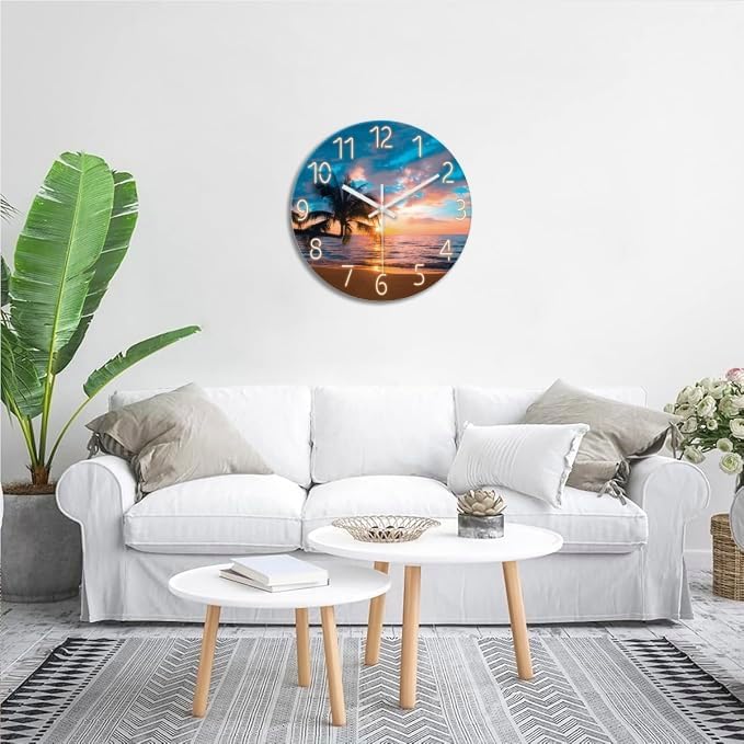 XFM Large Beach Wall Clock 24 Inch Palm Tree Silent Wall Clocks Battery Operated Sunset Glass Coastal Wall Clock for Living Room Bedroom Kitchen Office