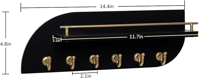 Key Holder for Wall, Wood Wall Mounted Key Rack with 6 Sturdy Metal Hooks for Bags, Coats, Umbrella, 14 Inches Mail Organizer for Home Entryway Decor, Black and Gold