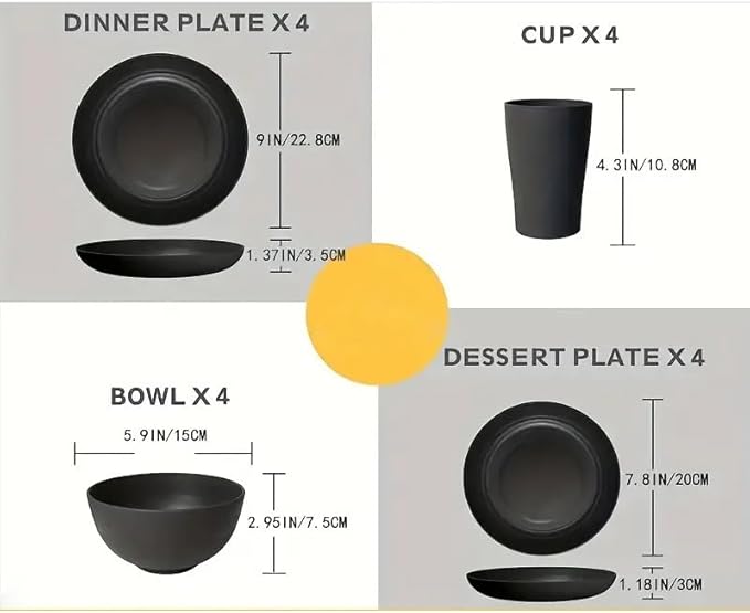 24 Piece Wheat Straw Dinnerware Set -Plates and Bowls Sets for 6 Black Unbreakable Dinner Plates Set Dishwasher Microwave Safe Reusable Plates for Picnic Birthday Camping