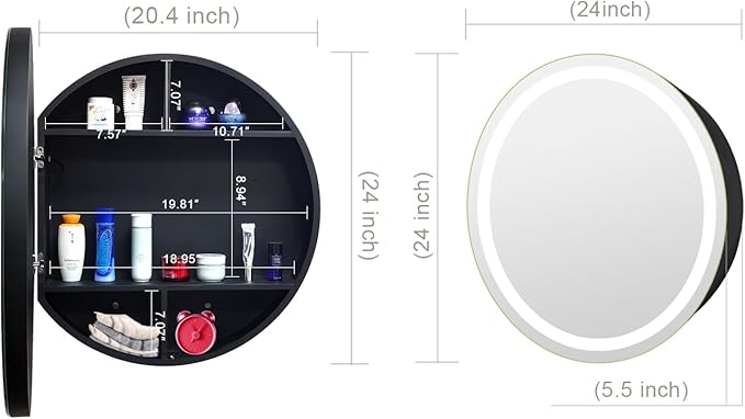 24inch Round Medicine Cabinet with Lights,Led Medicine Cabinet with Defogger,Illuminated Mirror Cabinet for Bathroom,Dimmable,Anti-Fog,3 Colors,Surface Mount Only,Black