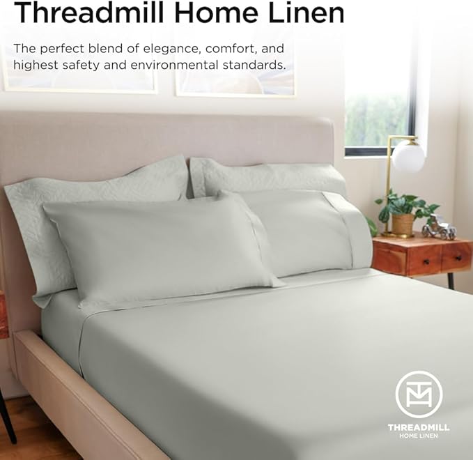 Threadmill 100% Cotton Sheets for Twin XL Size Bed - 600 Thread Count Twin XL Bed Sheets Set with 15” Deep Pocket - Sateen Weave 3-Piece Bedding Set with Cooling Effect, Light Grey