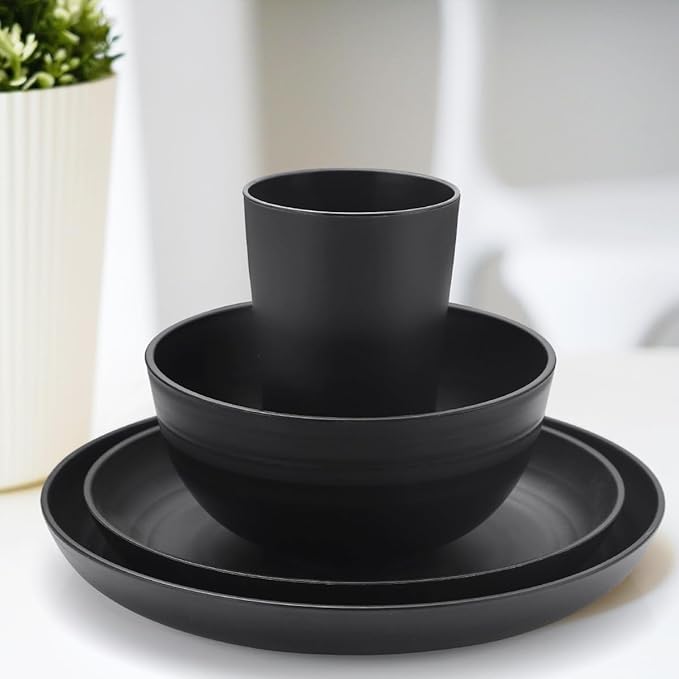 24 Piece Wheat Straw Dinnerware Set -Plates and Bowls Sets for 6 Black Unbreakable Dinner Plates Set Dishwasher Microwave Safe Reusable Plates for Picnic Birthday Camping
