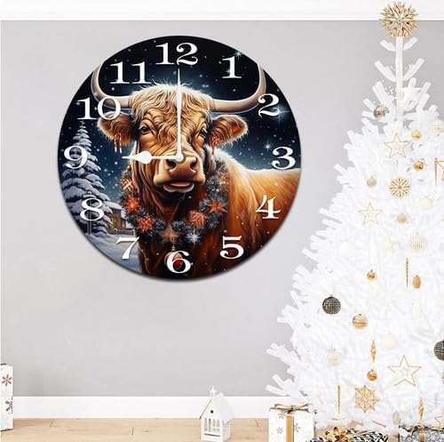 Cow with Christmas Wall Clock Large Silent Non-Ticking Battery Operated Modern Clocks for Living Room Decor/Bedroom/Office (10x10 in)