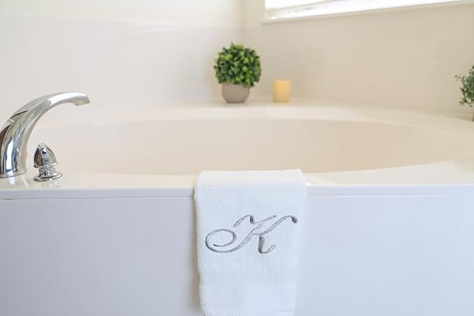 White Monogrammed Hand Towels for Bathroom - Luxury Hotel Quality Personalized Initial Embroidered Towel for Powder Room, Spa - GOTS Organic Certified - Set of 2 Silver Letter K