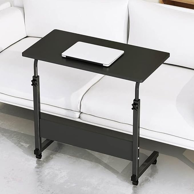 Goujxcy Sofa Side Table C Shaped End Table with Wheels, Rolling Bedside Laptop Table Snack Table TV Tray, Height Adjustable, Wooden Top & Metal Frame