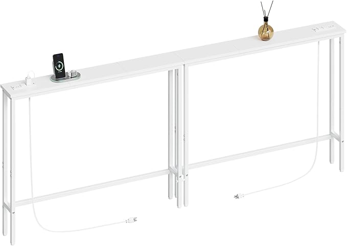 ELYKEN 2 Pack 5.9" Narrow Console Sofa Table with Power Outlets, Total 78.8” Long Behind Couch Table with Charge Station and 5.9’ Extension Cord for Living Room, 5.9" D x 78.8”W x 29.5”H, White
