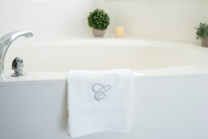 White Monogrammed Hand Towels for Bathroom - Luxury Hotel Quality Personalized Initial Embroidered Towel for Powder Room, Spa - GOTS Organic Certified - Set of 2 Silver Letter C