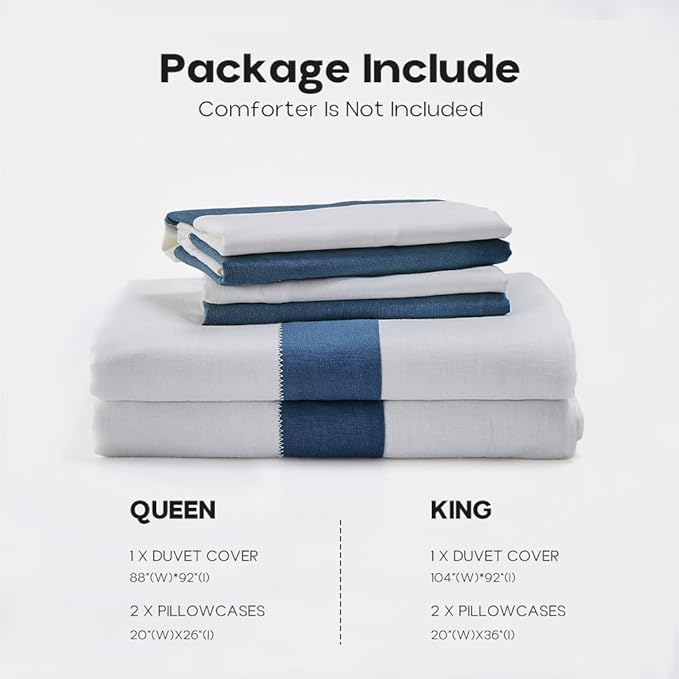 Simple&Opulence French Linen Duvet Cover Set with Stripe 88”x92”, 3 Pieces(1 Comforter Cover and 2 Pillow Shams) Rustic Natural Flax Cotton Blend(Queen,White and Navy)