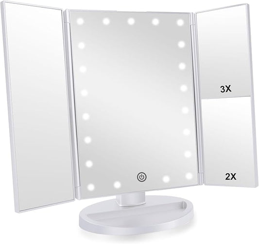 Trifold Makeup Mirror Vanity Mirror with Lights,1X 2X 3X Magnification,Touch Screen,180 Adjustable Rotation,Portable Travel Bathroom Cosmetic Mirror
