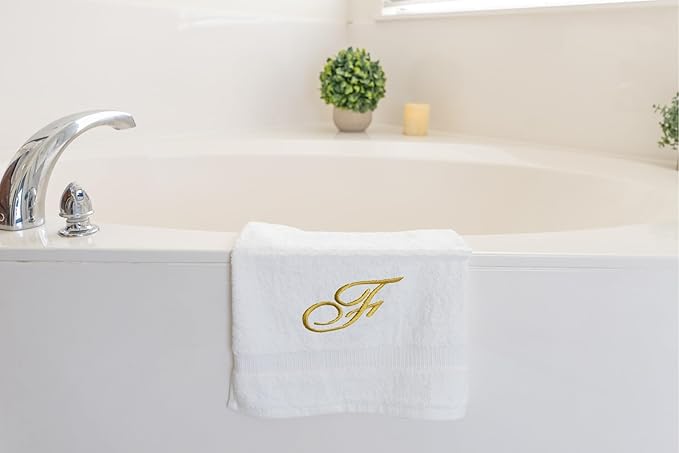 White Monogrammed Hand Towels for Bathroom - Luxury Hotel Quality Personalized Initial Embroidered Towel for Powder Room, Spa - GOTS Organic Certified - Set of 2 Gold Letter F
