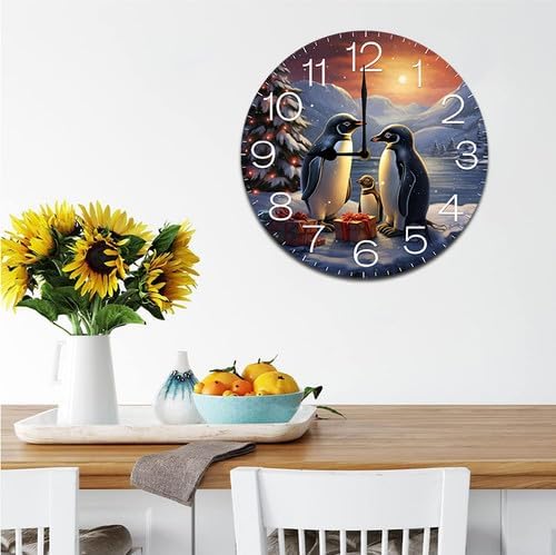 Christmas Tree and Penguins Wall Clock Large Silent Non-Ticking Battery Operated Modern Clocks for Living Room Decor/Bedroom/Office (12x12 in)