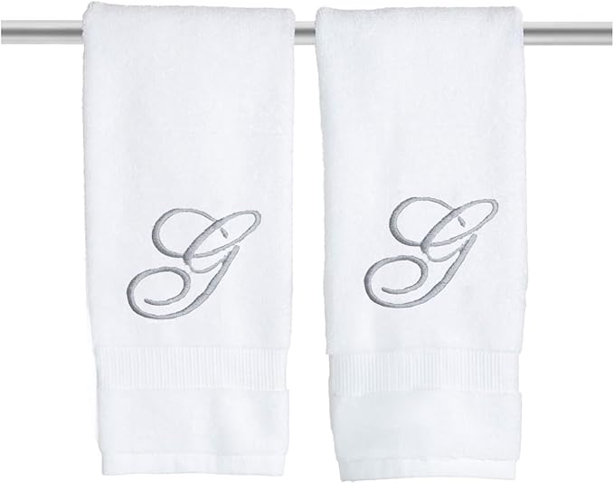 White Monogrammed Hand Towels for Bathroom - Luxury Hotel Quality Personalized Initial Embroidered Towel for Powder Room, Spa - GOTS Organic Certified - Set of 2 Silver Letter G