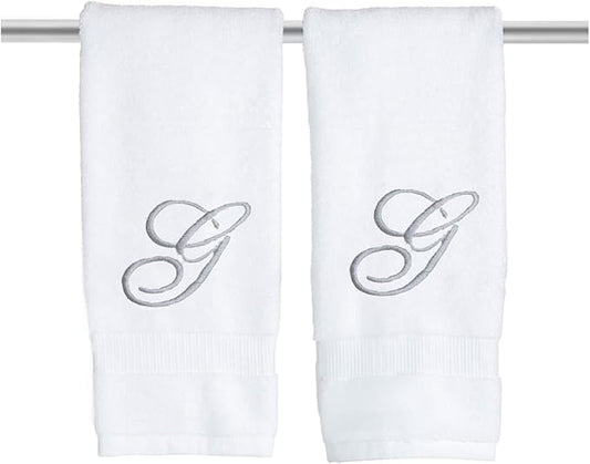 White Monogrammed Hand Towels for Bathroom - Luxury Hotel Quality Personalized Initial Embroidered Towel for Powder Room, Spa - GOTS Organic Certified - Set of 2 Silver Letter G