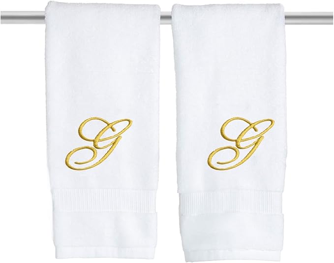 White Monogrammed Hand Towels for Bathroom - Luxury Hotel Quality Personalized Initial Embroidered Towel for Powder Room, Spa - GOTS Organic Certified - Set of 2 Gold Letter G