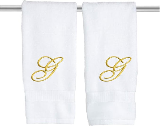 White Monogrammed Hand Towels for Bathroom - Luxury Hotel Quality Personalized Initial Embroidered Towel for Powder Room, Spa - GOTS Organic Certified - Set of 2 Gold Letter G