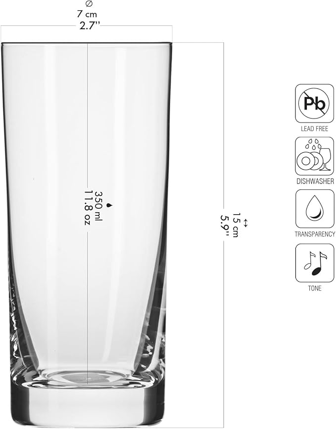 Krosno Highball Glasses, Set of 6, 11.8 oz, Blended Collection, Crystal Glass, Perfect for Everyday, Multipurpose Glasses, Dishwasher Safe, Made in Europe