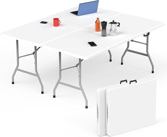 HLPB Folding Table - 2 Pcs, 6 ft Portable Camping Table with Handle and Safety Locks, Foldable Plastic Dining Table for Indoor/Outdoor Use, Perfect for Picnics and Parties