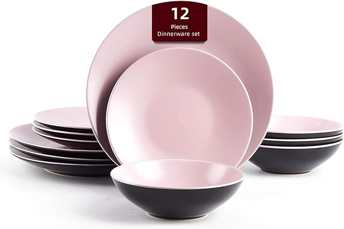 Stoneware Two-Tone Colors Life 12pc Dinner Set，Outside Shiny Black + Inside Matte Glaze Rose
