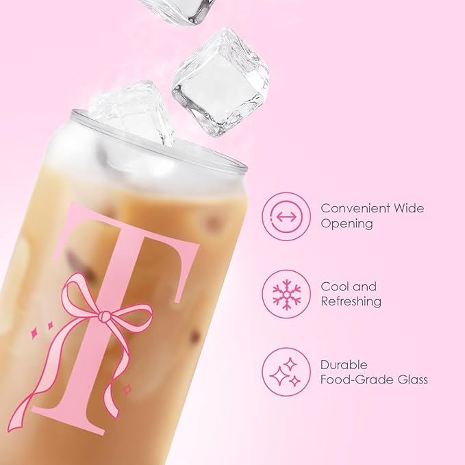 SANDJEST Monogrammed Glass Drinking Can Cup with Acrylic Lid and Straw, Personalized Frosted Iced Coffee Tumbler 16oz, Monogram Initial Gifts for Women Girls on Birthday (T)