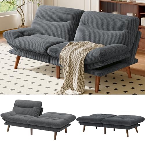 Amada 66" Convertible Futon Sofa Bed, Corduroy Folding Futon Set with Adjustable Backrest &Armrests, Recliner Lounge for Living Room, Apartment or Office, Solid Wood Frame, Loveseat Sofa - Grey