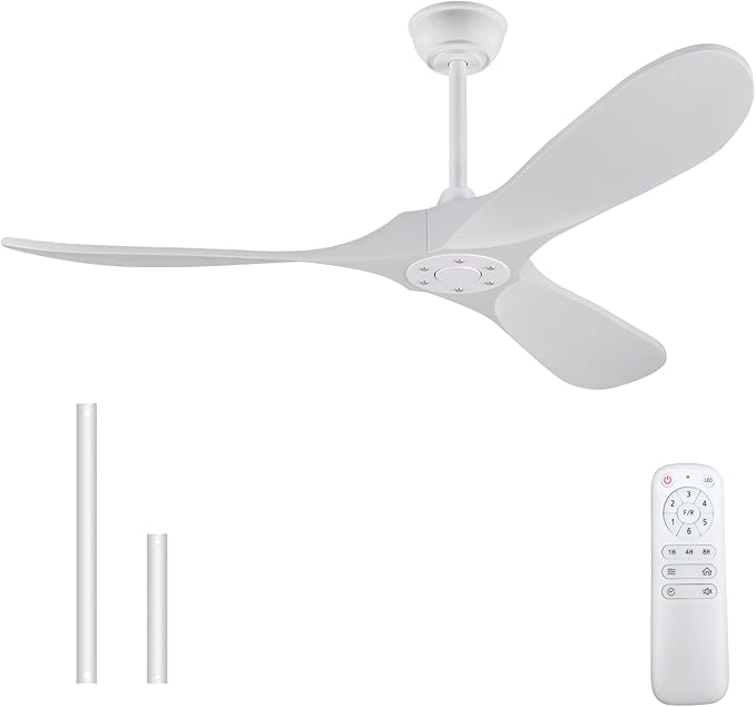52 inch Ceiling Fan no Light, Quiet Reversible DC Motor Wood Ceiling Fan Without Light, White Modern Ceiling Fan with Remote Control for Outdoor Indoor Farmhouse Patios