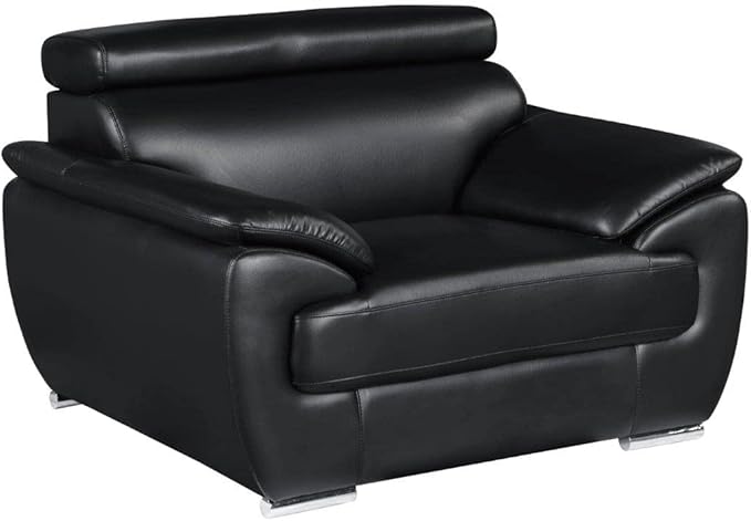 Blackjack Furniture 4571 Veal Collection Modern Genuine Leather Accent Chair with Adjustable Headrest, Sturdy Wood Frame and Stainless Steel Legs, Stylish Living Room Arm Chair, Black