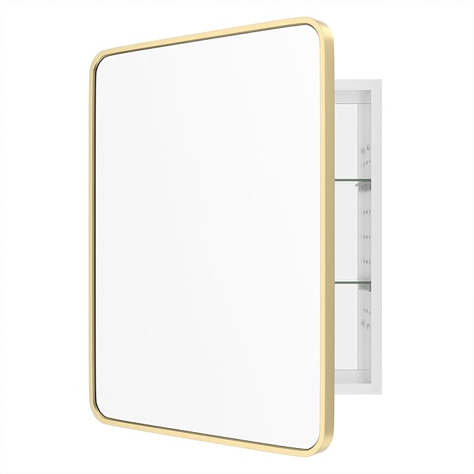 WallBeyond Bathroom Medicine Cabinet with Mirror, 22x28 Inch Gold Recessed Medicine Cabinet with Round Corner Aluminum Alloy Metal Framed, Single Door Cabinet Medicine with Storage