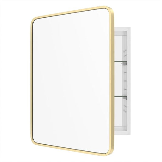 WallBeyond Bathroom Medicine Cabinet with Mirror, 22x28 Inch Gold Recessed Medicine Cabinet with Round Corner Aluminum Alloy Metal Framed, Single Door Cabinet Medicine with Storage