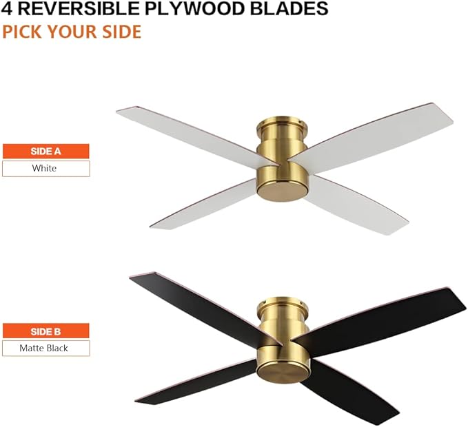 WINGBO 44" Flush Mount DC Ceiling Fan without Lights, 4 Reversible Plywood Blades, Quiet 6-Speed DC Motor, Hugger Low Profile Ceiling Fan No Lights for Bedroom, Brass Finish and Black/White Blades
