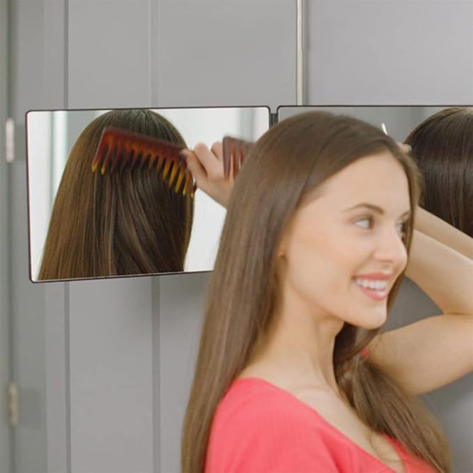 HIEEY 3 Way Mirror for Hair Cutting with LED,360 Trifold with Height Adjustable Telescoping Hooks,and 5X Magnification,for Makeup and Styling (Black)