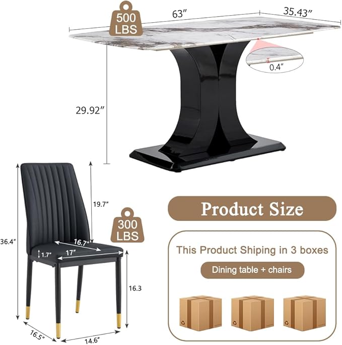 Modern Dining Table Set for 6, Marble Kitchen Table Chair Set for 6, Rectangular Kitchen Table with 6 Pu Leather Upholstered Chair for Dining Room