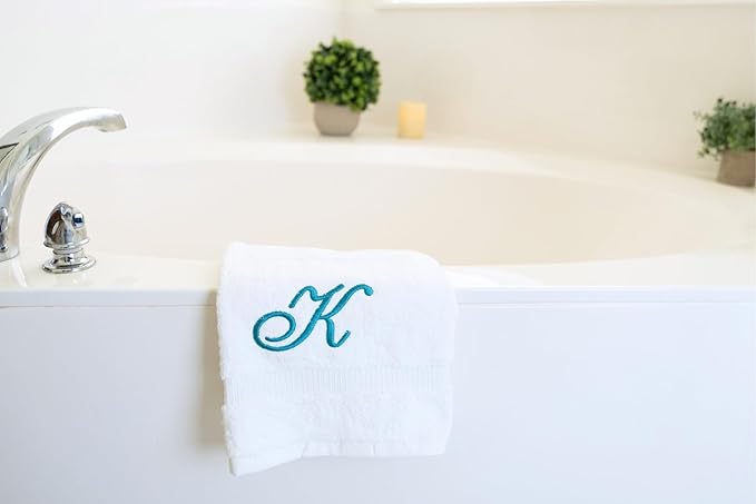 White Monogrammed Hand Towels for Bathroom - Luxury Hotel Quality Personalized Initial Embroidered Towel for Powder Room, Spa - GOTS Organic Certified - Set of 2 Teal Letter K