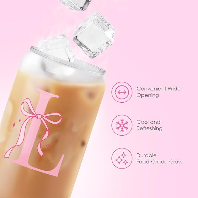 SANDJEST Monogrammed Glass Drinking Can Cup with Acrylic Lid and Straw, Personalized Frosted Iced Coffee Tumbler 16oz, Monogram Initial Gifts for Women Girls on Birthday (L)