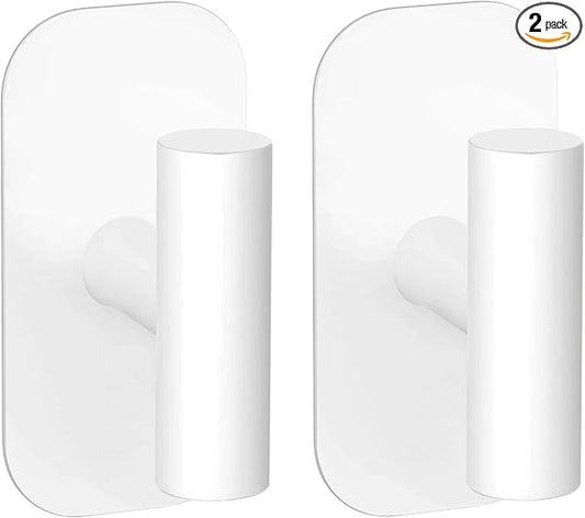 Adhesive Towel Hooks for Shower,Waterproof Heavy Duty Bathroom Hooks,Wall Mounted Sticky Hangers for Coats/Aprons/Robes,No Drilling(White,2 Pack)