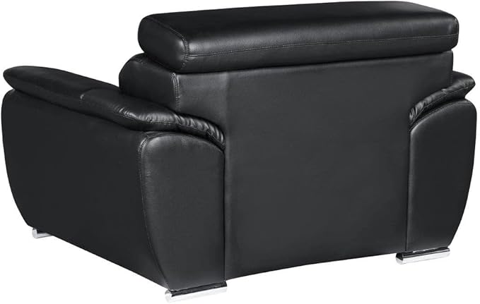 Blackjack Furniture 4571 Veal Collection Modern Genuine Leather Accent Chair with Adjustable Headrest, Sturdy Wood Frame and Stainless Steel Legs, Stylish Living Room Arm Chair, Black