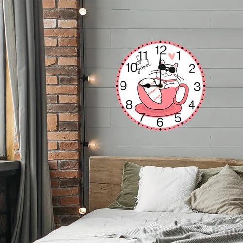 Wall Clock,Cat Sleeping in A Coffee Cup Kitchen Decor and Accessories, Decorative Battery Operated Clocks for Living Room Bedroom Bathroom Farmhouse 12 Inch
