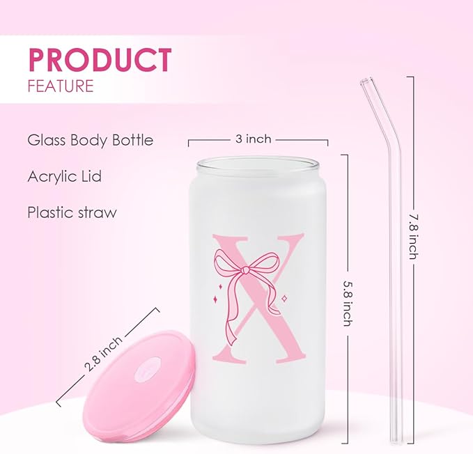 SANDJEST Monogrammed Glass Drinking Can Cup with Acrylic Lid and Straw, Personalized Frosted Iced Coffee Tumbler 16oz, Monogram Initial Gifts for Women Girls on Birthday (X)