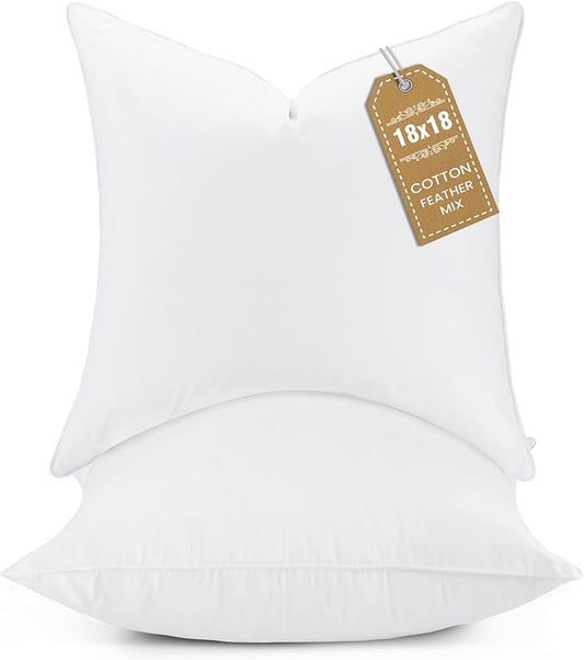 BHZ Throw Pillows 18x18 Euro Pillow Inserts Set of 2, Down Feather Alternative Pillow Inserts, Decorative Soft Large Square White Throw Pillows Insert for Couch Bed Dorm Sofa with Cotton Cover