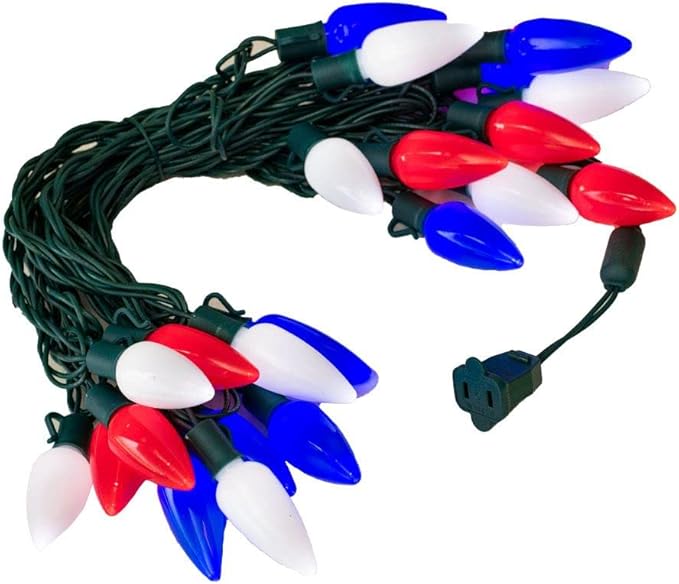 Novelty Lights 25 Feet 25 Light C9 Ceramic Style LED String Lights, Red/Pure White/Blue, Pre-Lamped Patriotic Lights on Green Wire, UL Listed Indoor/Outdoor, Connectable End-to-End