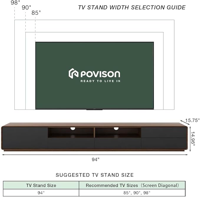 Modern 94" Solid Wood TV Stand, Lowline Media Console with 4 Drawers, Open Storage Cabinet, Walnut Veneer, Fully-Assembled (TV Stand Only)